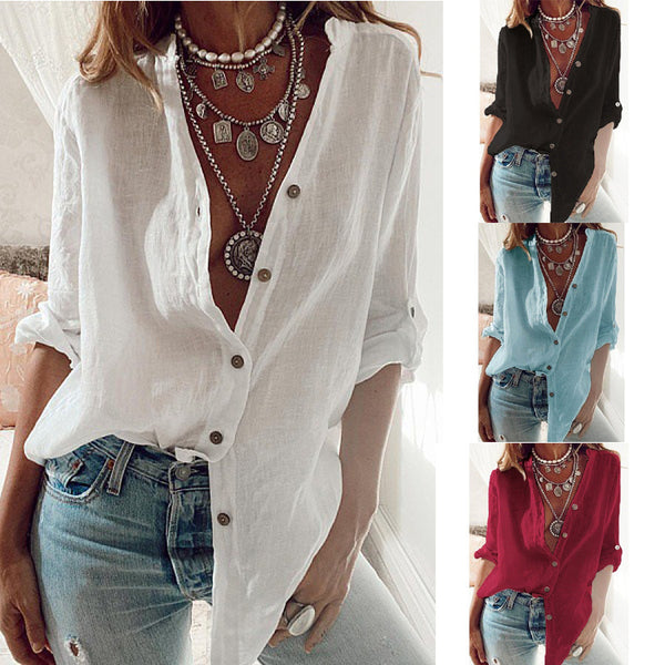 Solid color cotton elbow-sleeved loose V-neck long-sleeved top