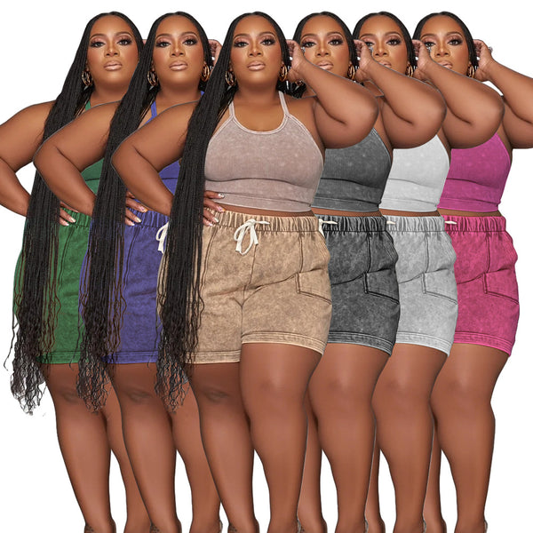 Large size two-piece printed casual vest shorts set