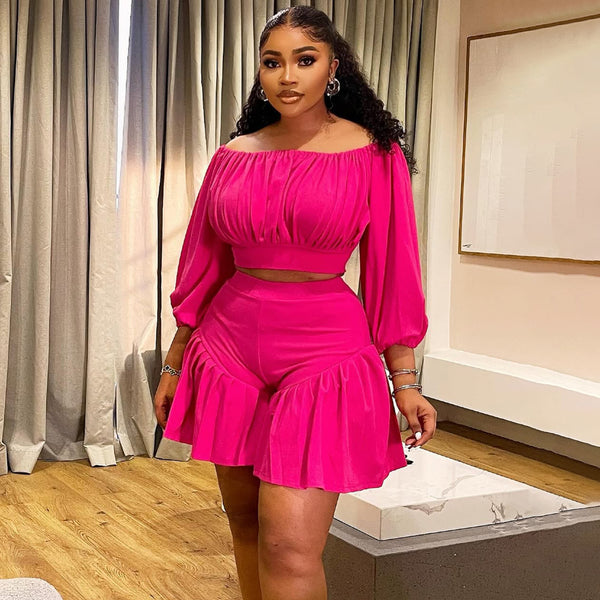 Large size women's clothing pleated one-word collar fluffy waist casual two-piece set