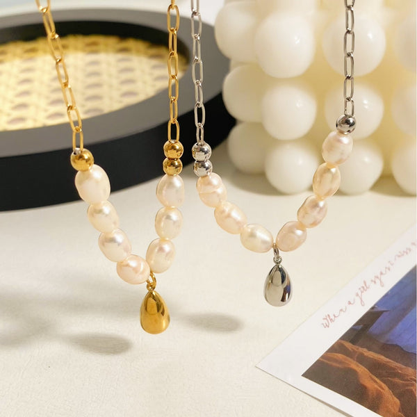 Stainless steel water drop pendant pearl necklace