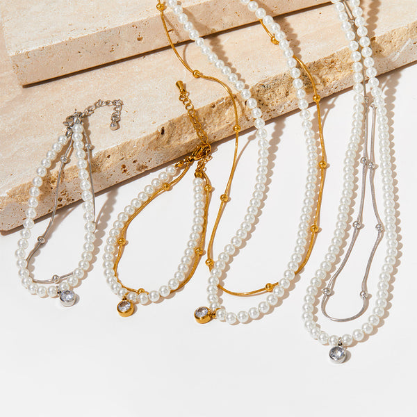 Double Shell Pearl Necklace Bracelet Set