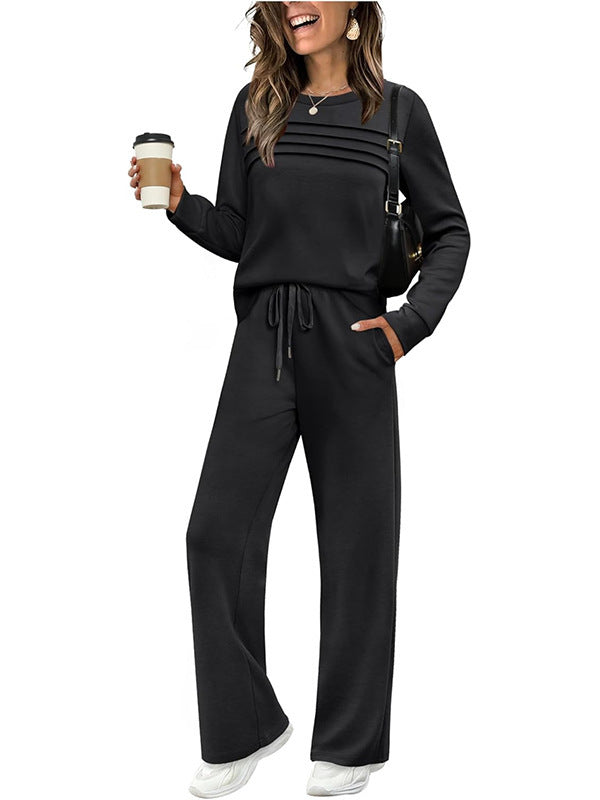 Long Sleeve Crew Neck Top Long Pants Wide Leg Pants Set