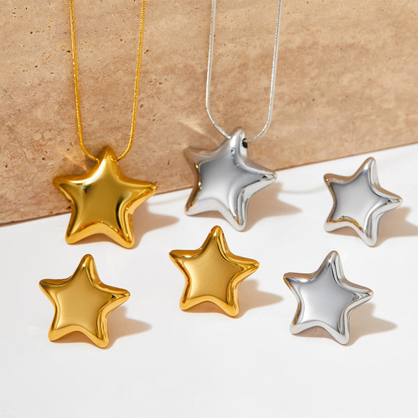 Stainless Steel Hollow Pentagram Necklace Earrings Set