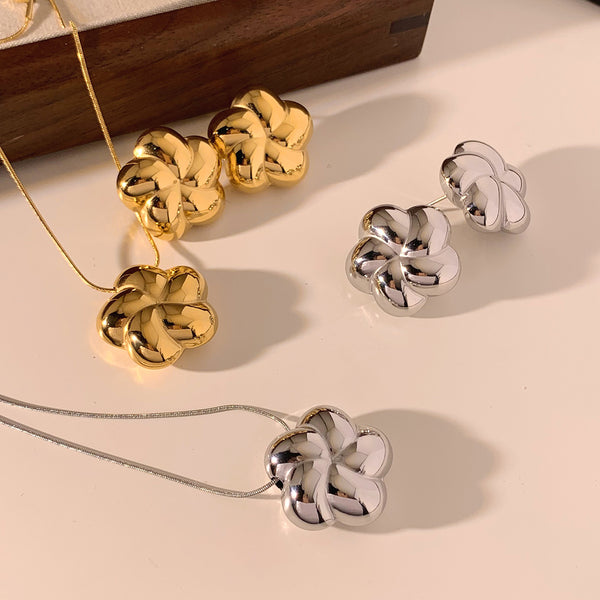 Hollow three-dimensional flower stainless steel electroplated earrings necklace