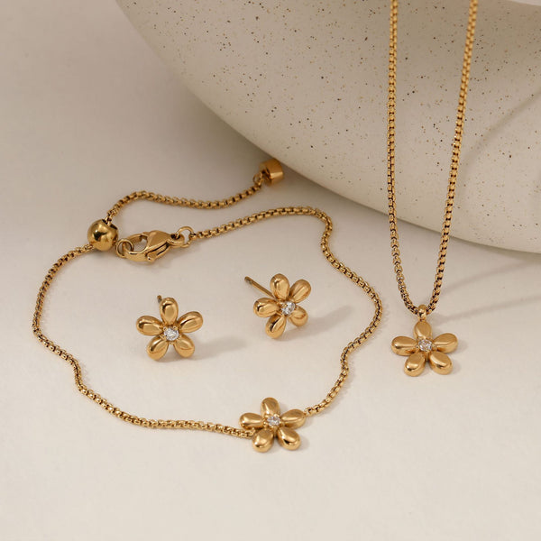 Stainless Steel Flower Bracelet Necklace Stud Earring Set