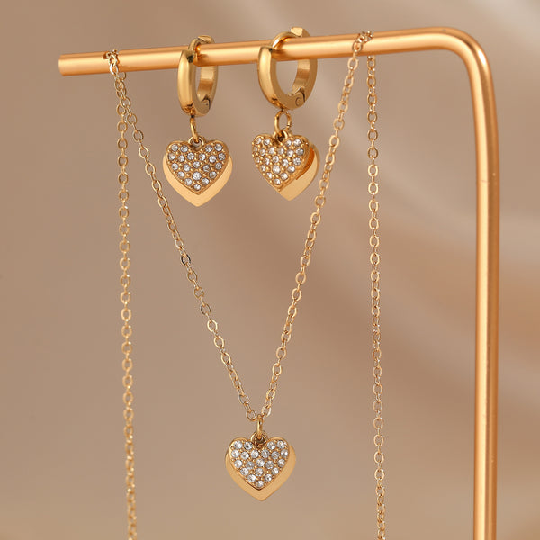 Stainless steel love inlaid zircon earrings necklace set