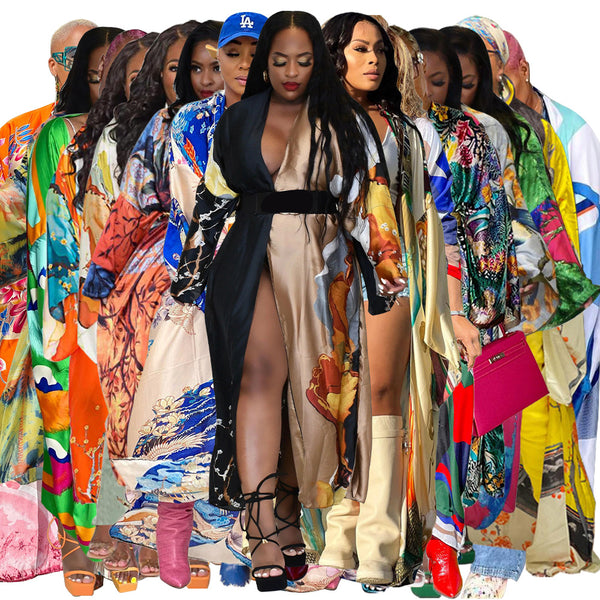 Simulated silk multi-printed fashion casual trench coat