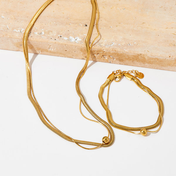 Double Flat Snake Bone Chain Necklace Bracelet Set
