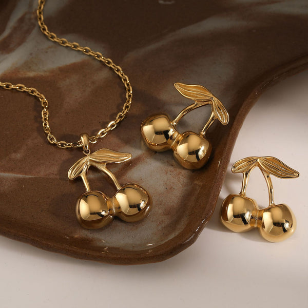 Stainless steel cherry earrings necklace set does not fade fruit series cherry necklace
