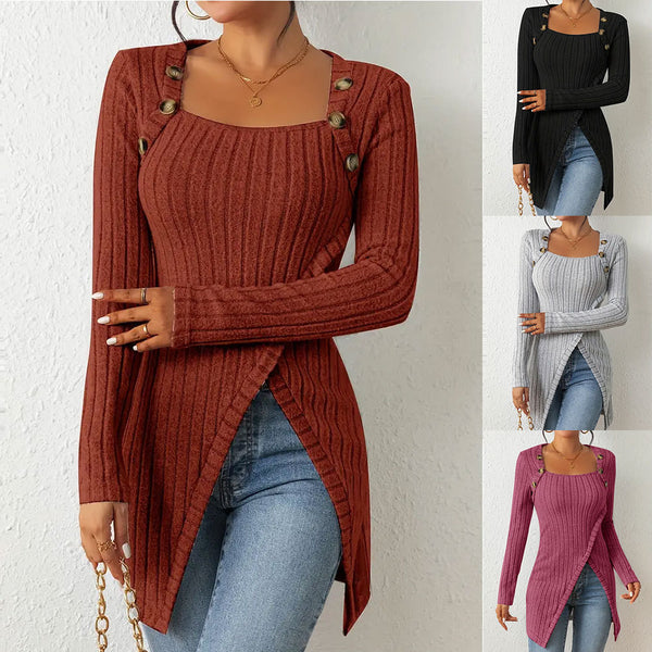 Square collar irregular knitted t-shirt