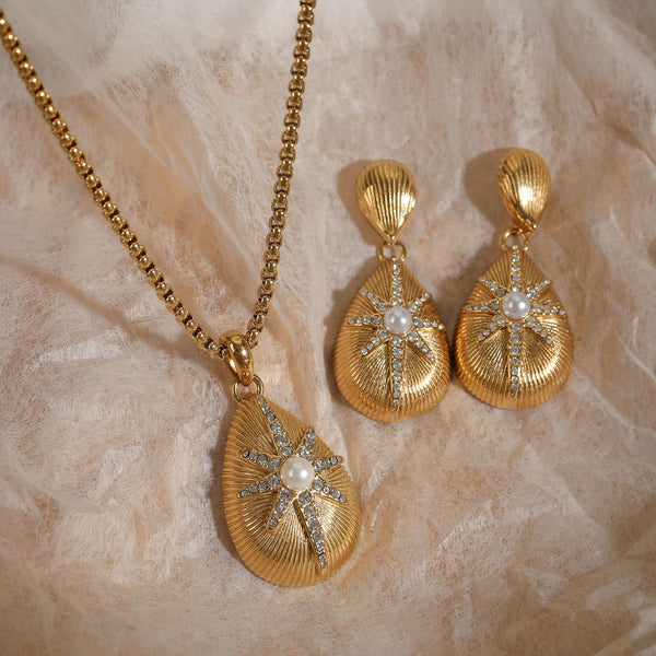 French stainless steel octagram inlaid zircon water drop earrings necklace set