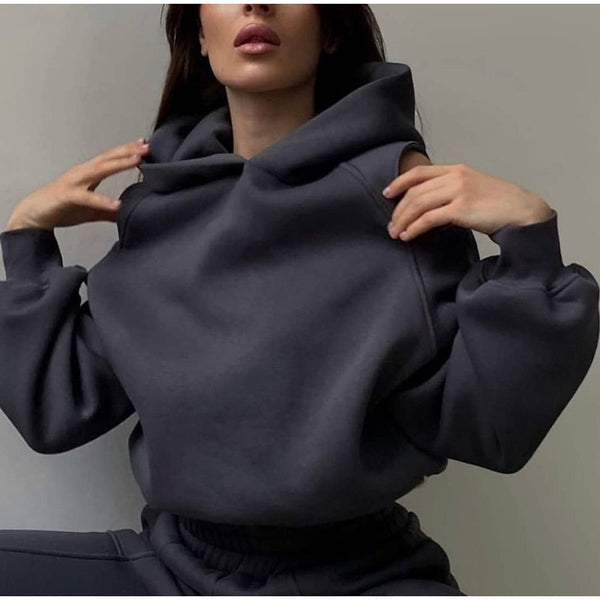 new two-piece set solid color hooded short sweater corset trousers set