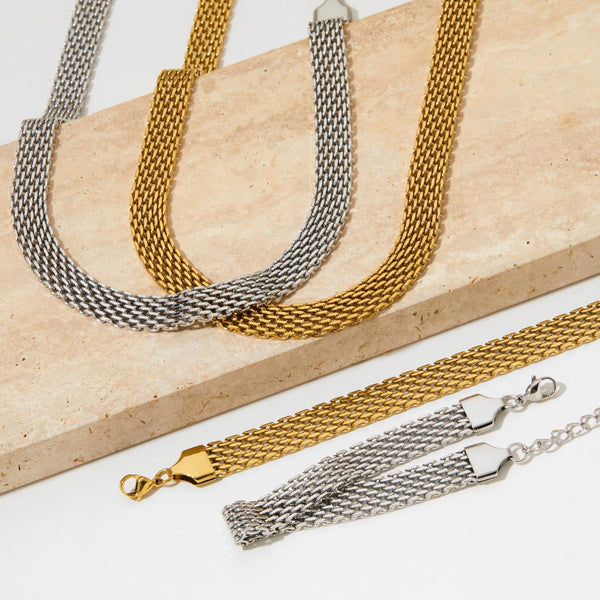 10Mm Wide Strap Mesh Chain Necklace Bracelet Set