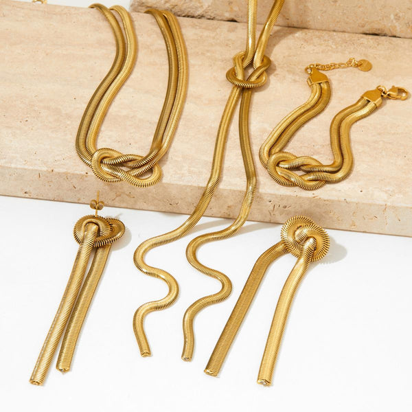 Stainless Steel Snake Chain Knot Necklace Bracelet Earrings Set