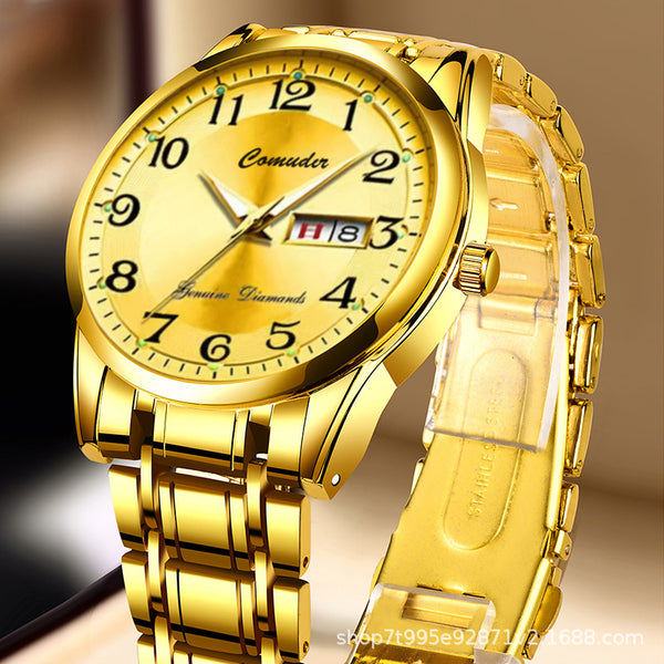 Gold Men's Watch Waterproof Double Calendar Luminous Watch