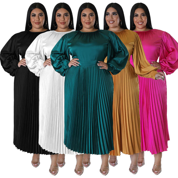 Pleated Crew Neck Long Dress