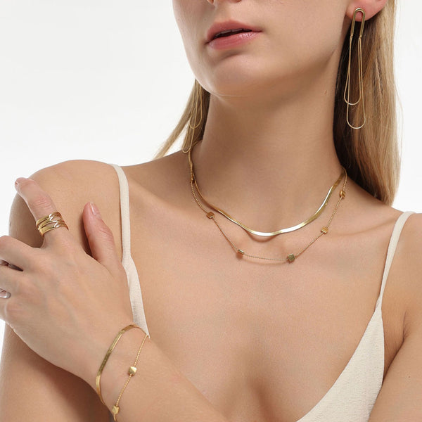 Double Stainless Steel Necklace Bracelet Earrings Ring Set