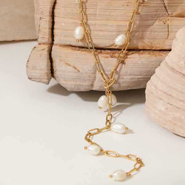 Y-shaped natural freshwater pearl necklace stainless steel temperament necklace