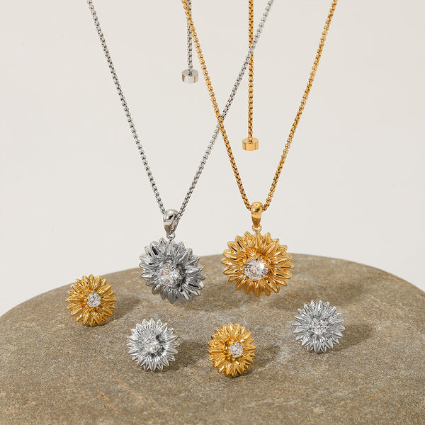 Stainless Steel Flower Zircon Necklace Earrings Jewelry Flower Pendant Necklace