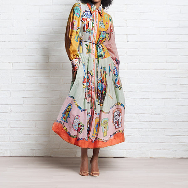 women's clothing retro printed lantern sleeves waist pendulum dresses
