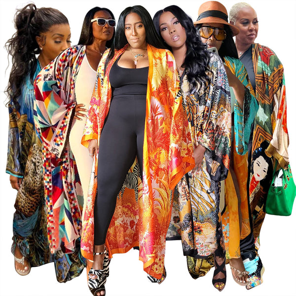 Simulated silk multi-printed fashion casual trench coat