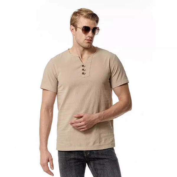 Cotton and linen V-neck beach short-sleeved T-shirt