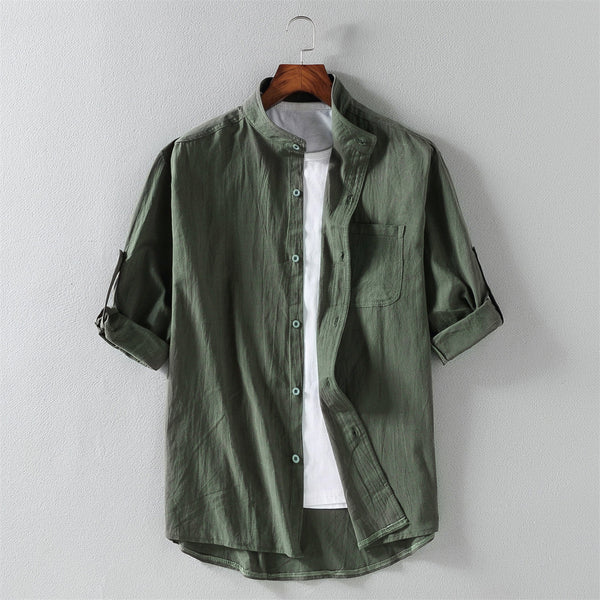 Cotton and linen casual solid color medium sleeve shirt