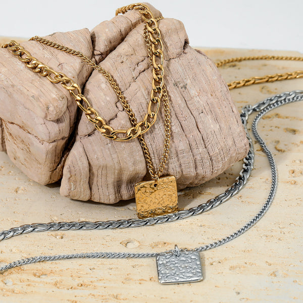 Double Chain 316 Stainless Steel Square Pendant Necklace