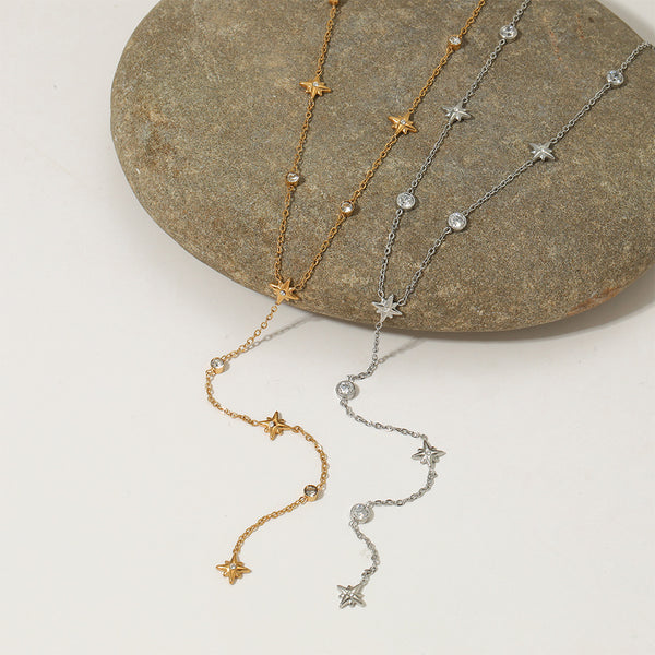 Octagram Stainless Steel Zircon Pendant Necklace