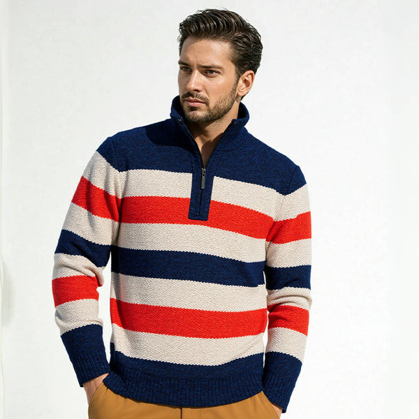 Men's Half Zip Fleece Thickened Striped Sweater