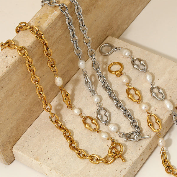 Stainless steel gold-plated necklace bracelet, natural freshwater pearl splicing OT buckle necklace