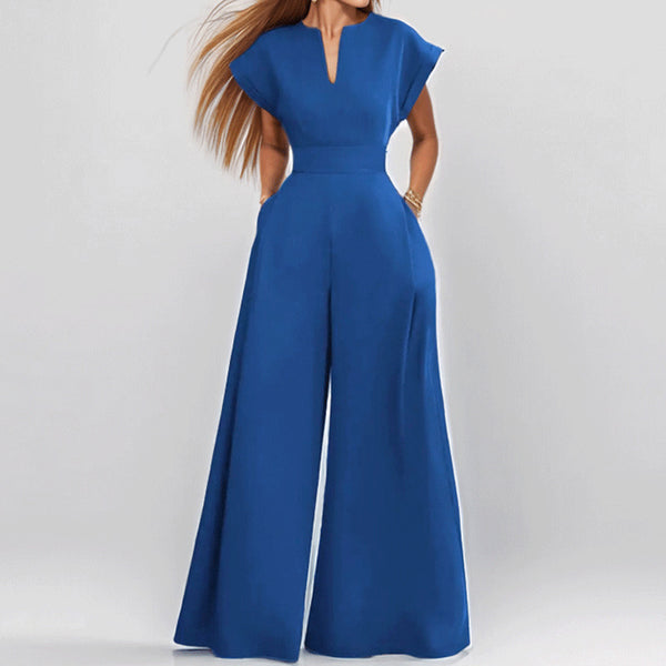 V-neck solid color wide-leg jumpsuit