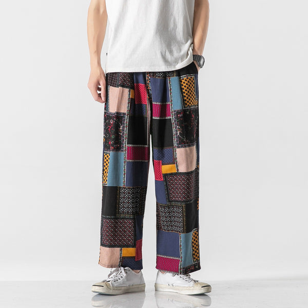 Men's Large Size Chinese Cotton and Linen Patch Pants