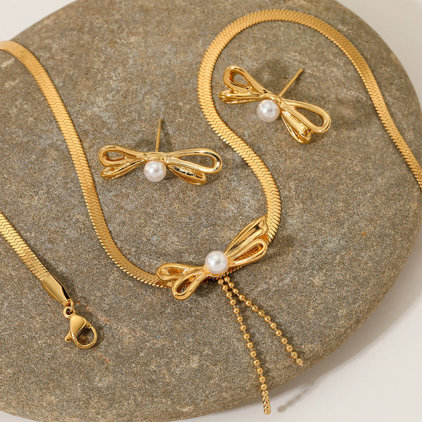Pearl Bow Stainless Steel Earrings Necklace