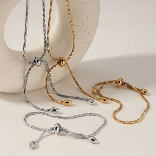 Stainless steel minimalist pull-out necklace bracelet set