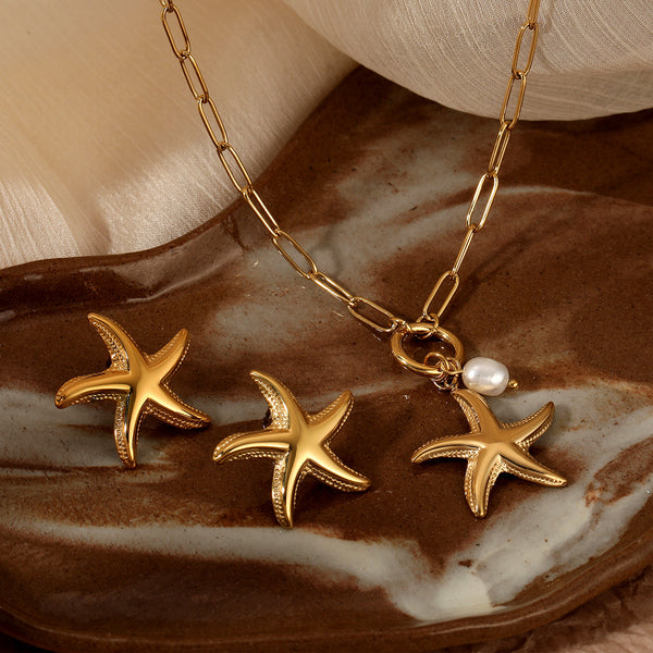 316 Stainless Steel Ocean Series Starfish Necklace Ring Earrings Set