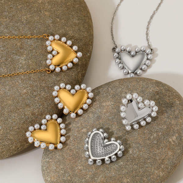 Stainless steel pearl love earrings necklace