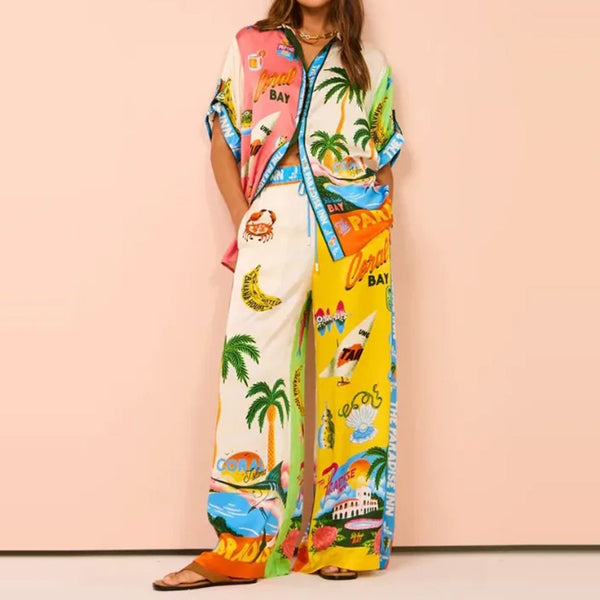 Printed color matching elastic waist pocket wide leg set