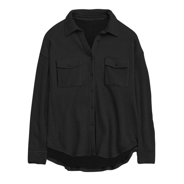 Solid Color Casual Loose Long Sleeve Waffle Top