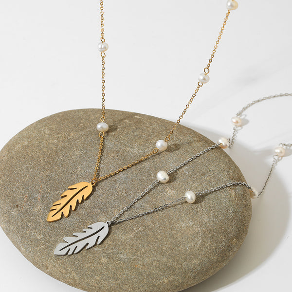 Natural Pearl Feather Pendant Necklace Clavicle Chain
