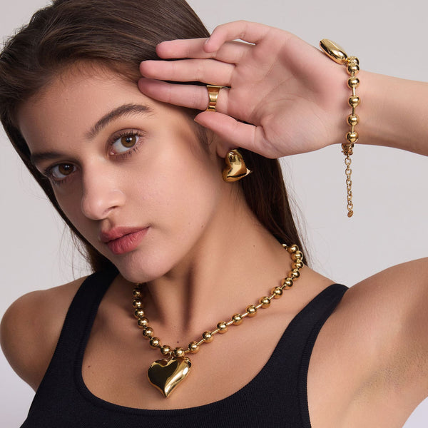 Stainless Steel Glossy Love Bracelet Stud Earrings Necklace Set