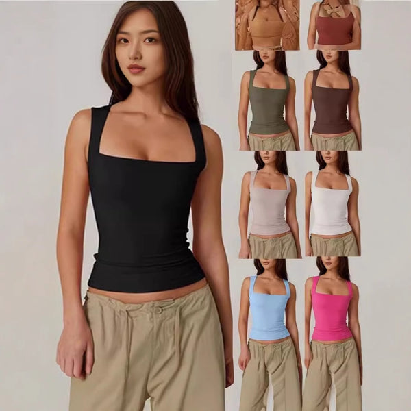 Square Neck Sleeveless Double Tank Tight T-Shirt