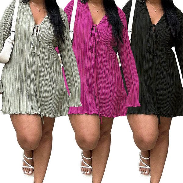Horn long-sleeved solid color dress