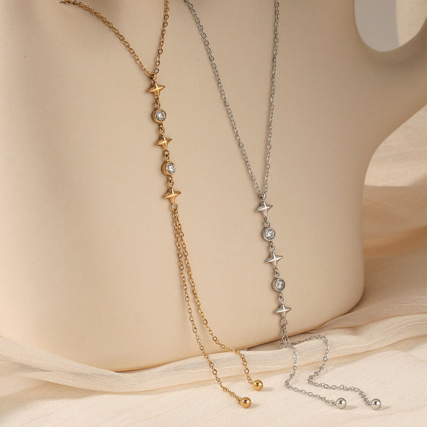 Long Y-shaped zircon tetra star pendant necklace