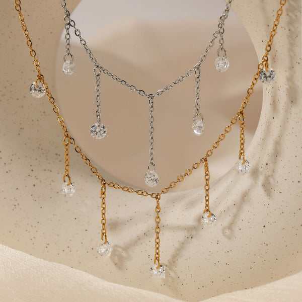 Stainless steel zircon fringed necklace