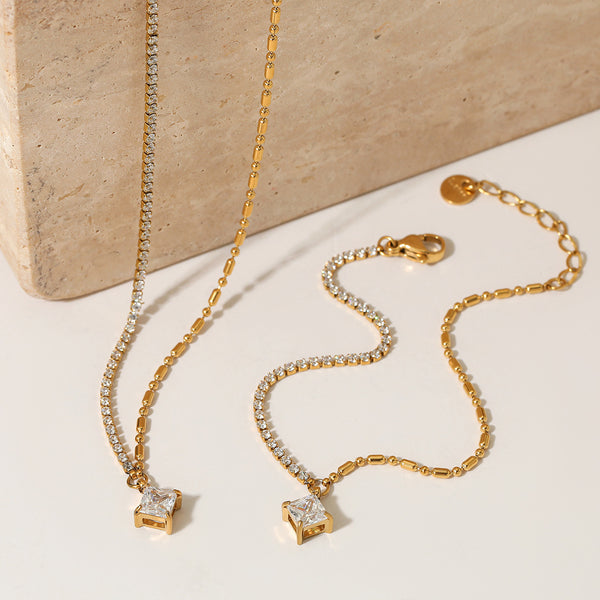 Temperament square zircon pendant necklace