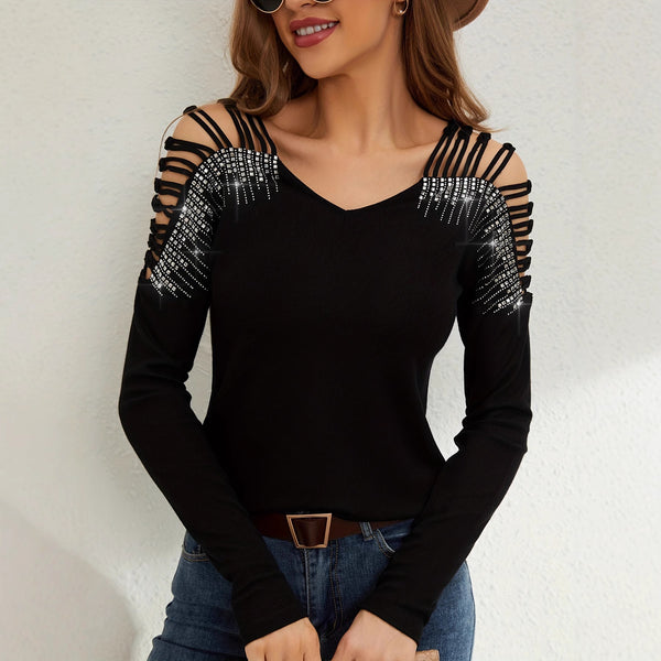 V-neck hollow-out long-sleeved T-shirt