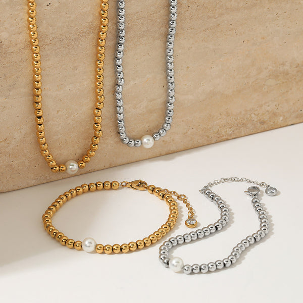 Round Bead Pearl Bracelet Necklace Set