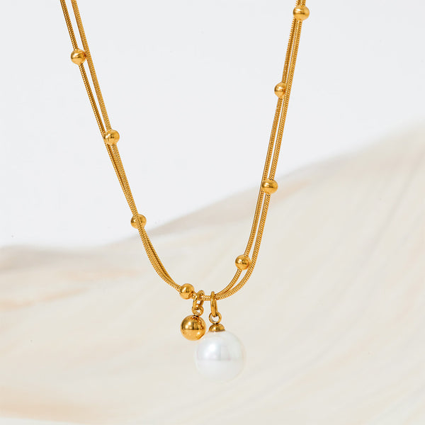 Bead pendant necklace, stainless steel double beaded chain