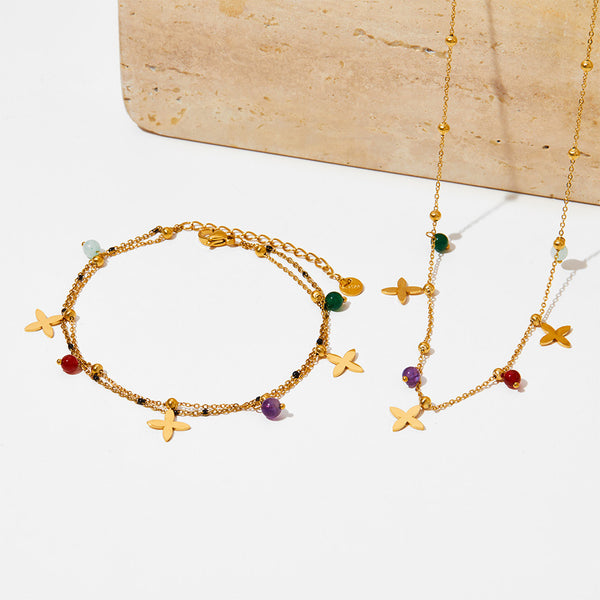 Cross natural stone fringed pendant necklace